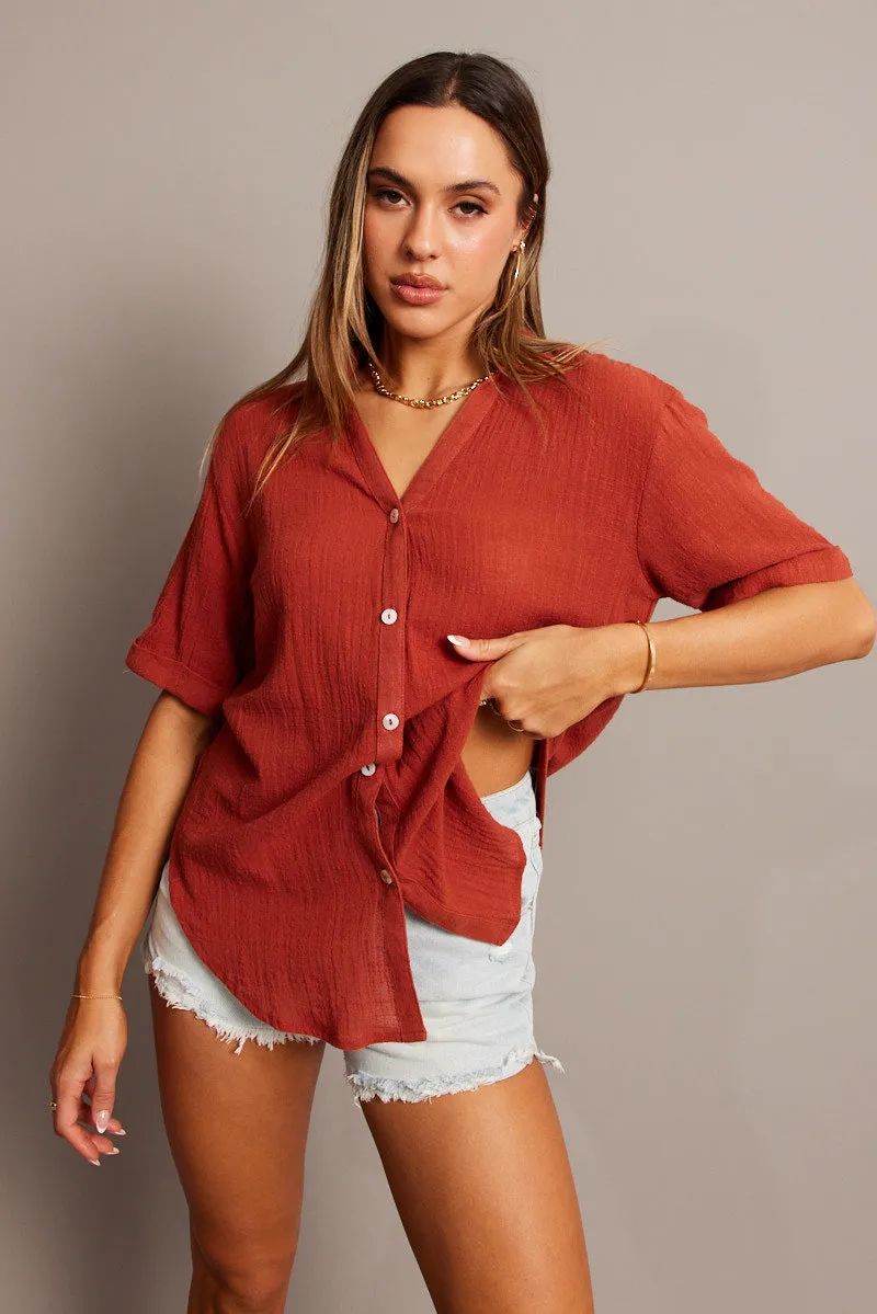 Brown Relaxed Shirt Short Sleeve sold by Ally Fashion product image thumbnail 3