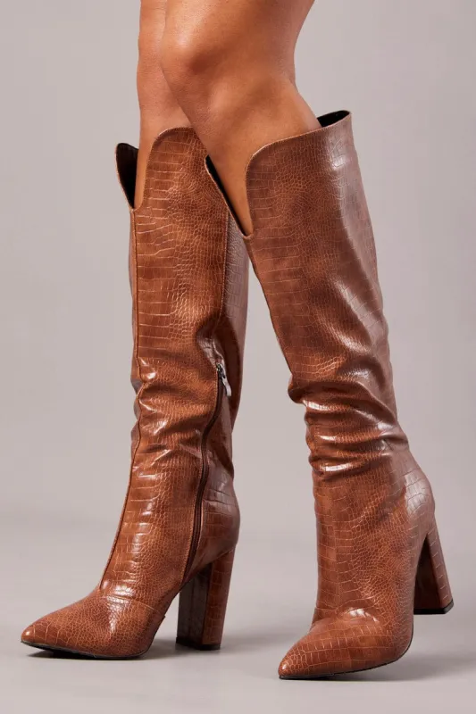Brown Heeled Knee High Boots in Croc sold by Ally Fashion