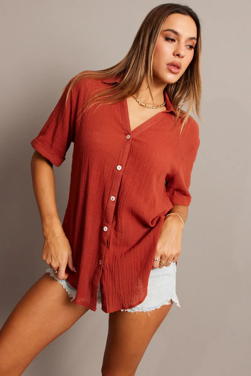 Brown Relaxed Shirt Short Sleeve sold by Ally Fashion