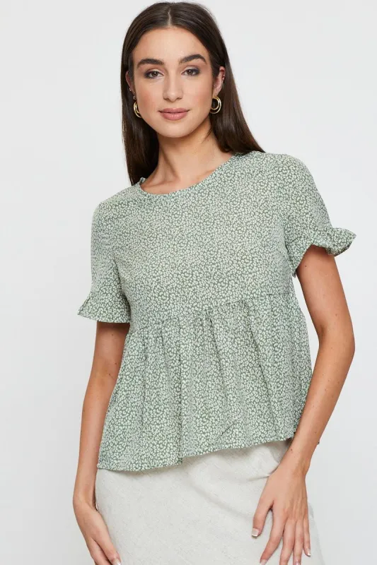 Geo Print Ruffle Top Short Sleeve sold by Ally Fashion