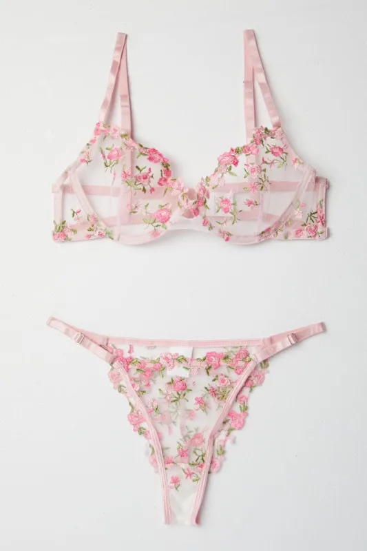 Pink Floral Embroidery Lingerie Set sold by Ally Fashion