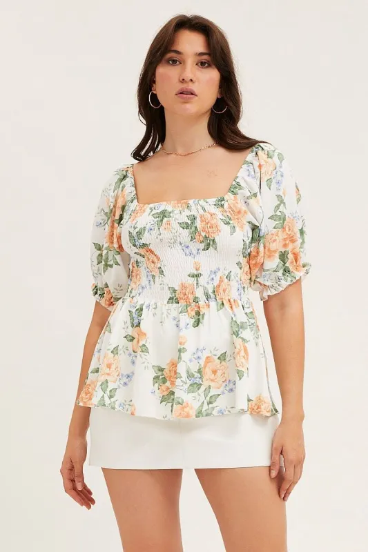 Print Puff Sleeve Shirred Top sold by Ally Fashion
