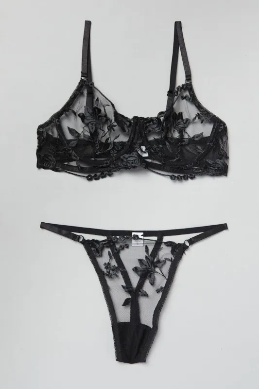 Black Floral Embroidered Lingerie Set sold by Ally Fashion