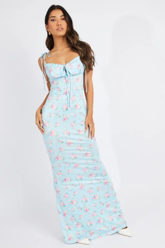 Blue Floral Ruched Bust Bodycon Maxi Dress sold by Ally Fashion