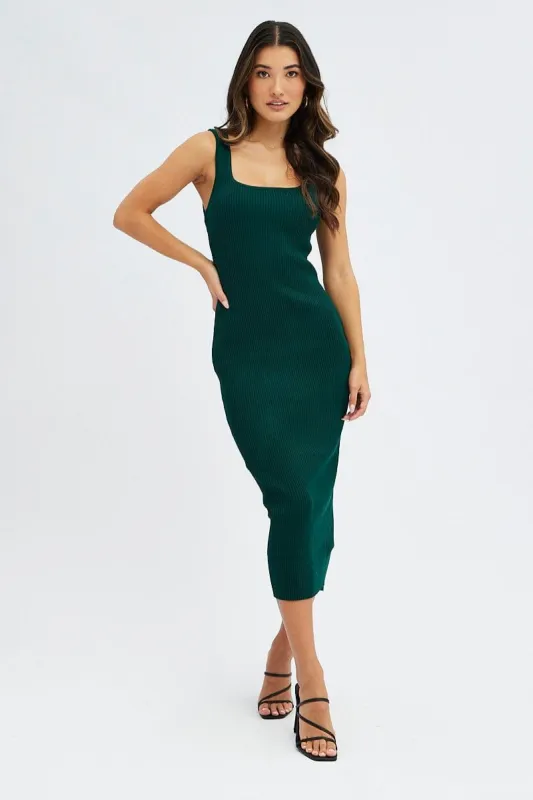Green Knit Midi Dress Sleeveless Scoop Neck Bodycon Rib sold by Ally Fashion