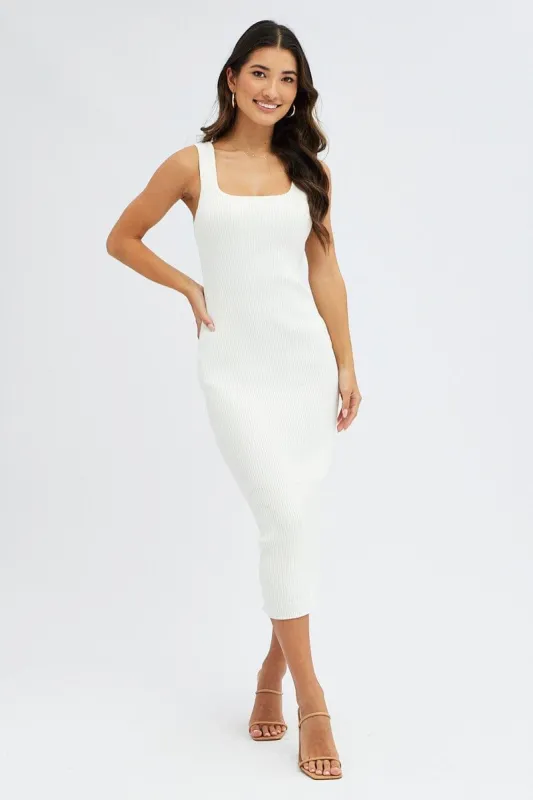 White Knit Midi Dress Sleeveless Scoop Neck Bodycon Rib sold by Ally Fashion