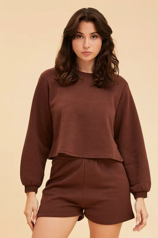 Brown Cropped Sweat Bell Sleeve Crew Neck Relaxed Fit sold by Ally Fashion