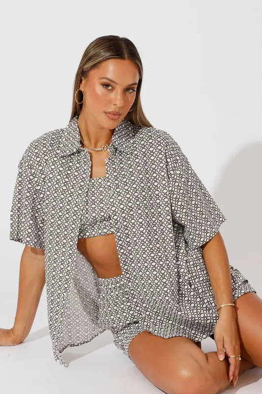 Brown Geo Linen Shirt Short Sleeve sold by Ally Fashion