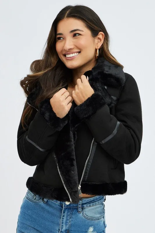 Black Faux Fur Biker Jacket sold by Ally Fashion