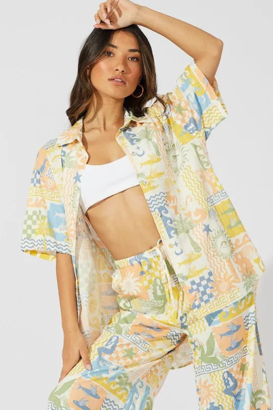 Multi Abstract Linen Shirt Short SLeeve sold by Ally Fashion