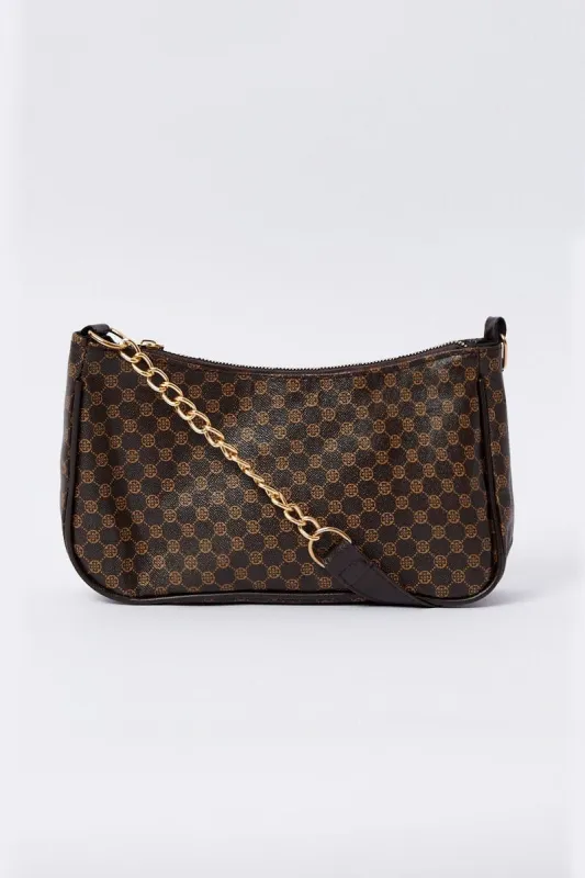 Brown Monogram Print Chain Detail Shoulder Bag made by Ally Fashion