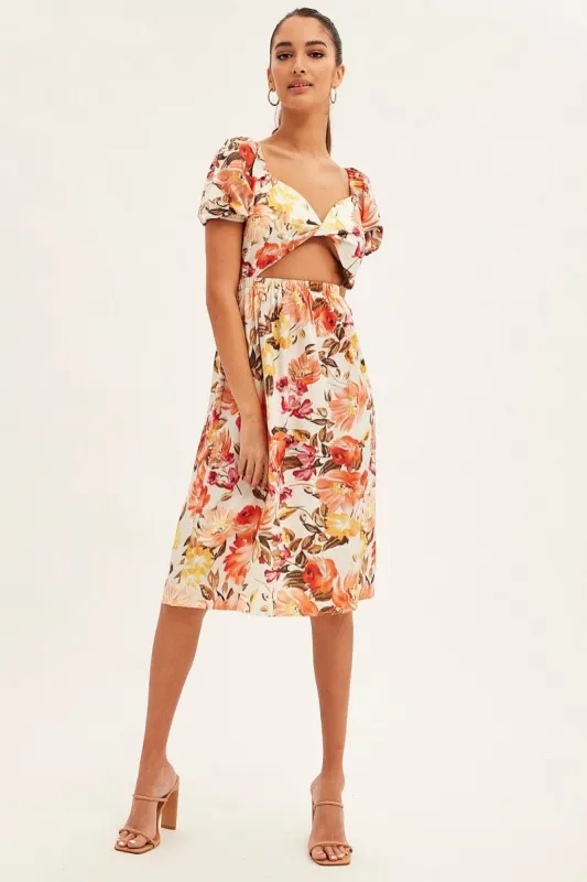 White Floral Twist Front Midi Dress sold by Ally Fashion