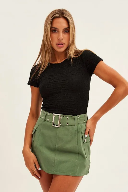 Black Textured Top Short Sleeve Crop Round Neck sold by Ally Fashion