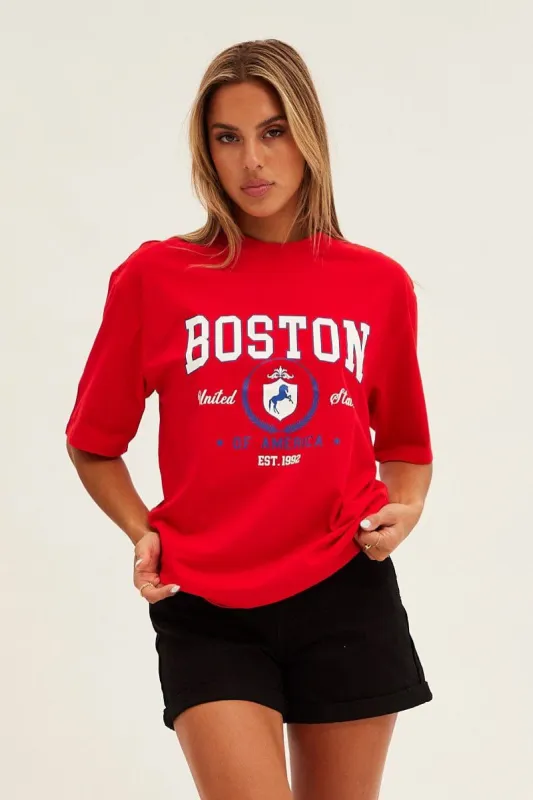 Red T Shirt Short Sleeve Crew Neck Oversized Boston sold by Ally Fashion