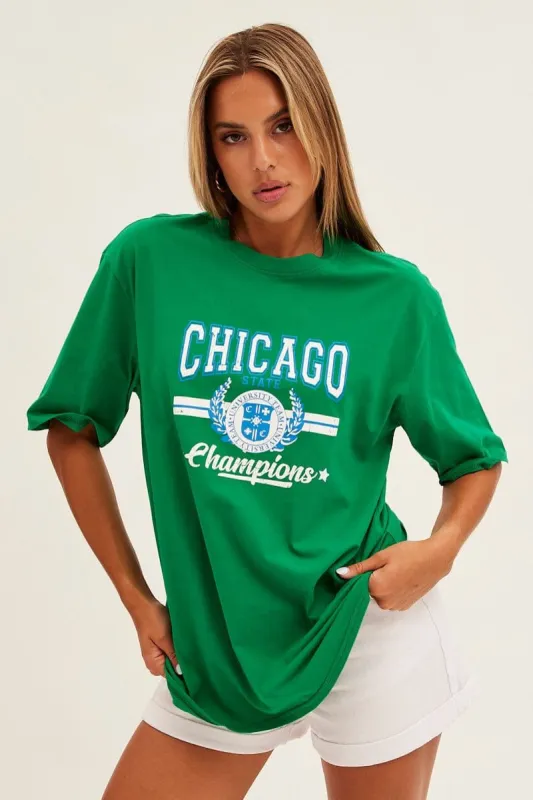 Green Graphic T-Shirt Chicago Short Sleeve Oversized sold by Ally Fashion