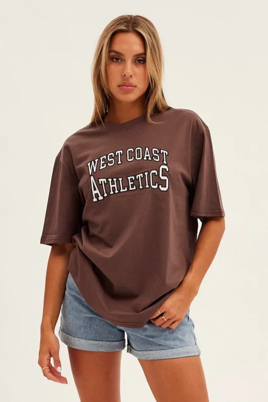 Brown West Coast Athletic Crew Neck Oversized Tee made by Ally Fashion