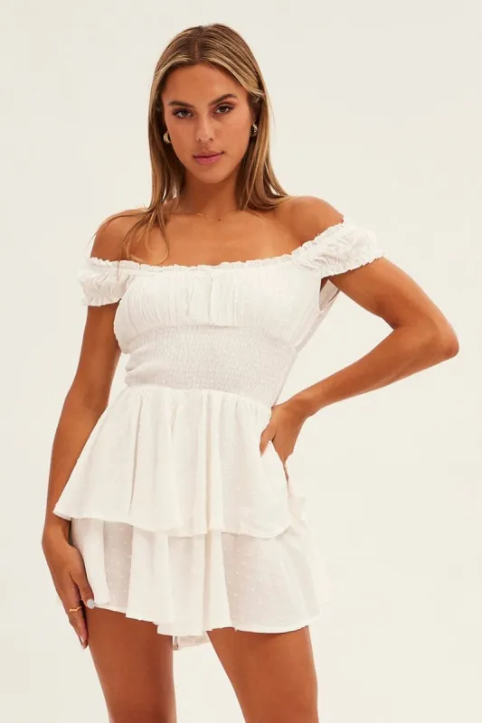 White Playsuit Short Sleeve Round Neck Shirred Waist sold by Ally Fashion