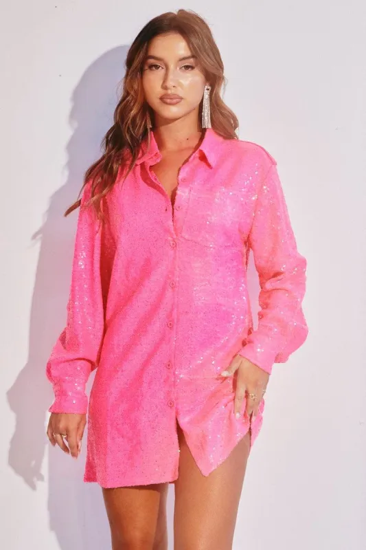 Pink Shirt Dress Long Sleeve Collar Sequins sold by Ally Fashion