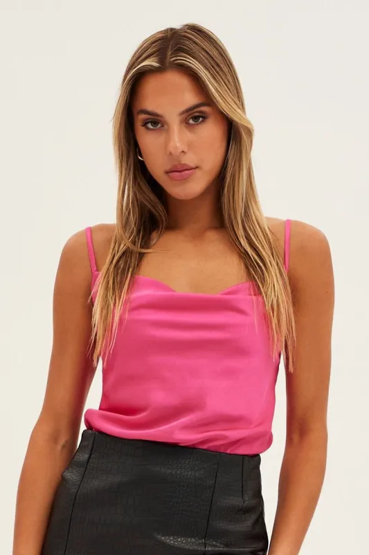 Pink Bodysuit Cami Sleeveless Cowl Neck Satin sold by Ally Fashion