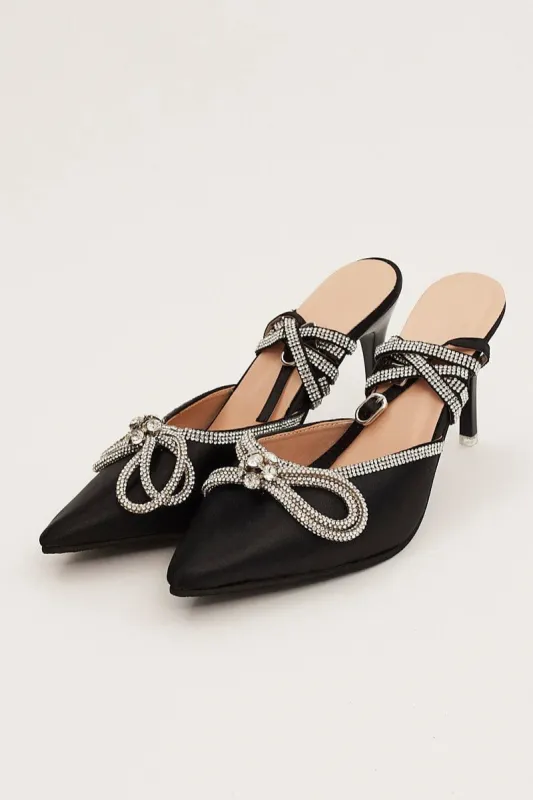 Black Rhinestone & Bow Decor Heeled Slingback sold by Ally Fashion