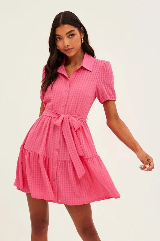 Pink Tie Waist Puff Sleeve Mini Dress sold by Ally Fashion