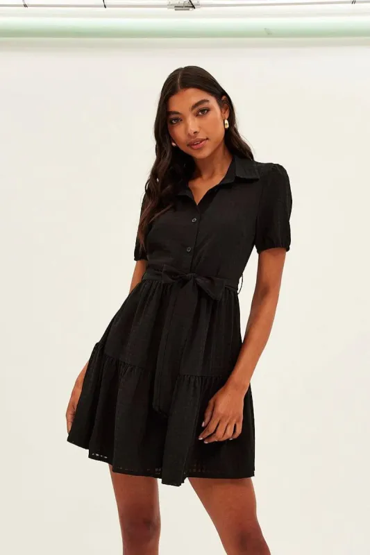 Black Tie Waist Puff Sleeve Mini Dress sold by Ally Fashion