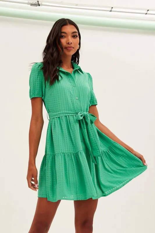 Green Tie Waist Puff Sleeve Mini Dress sold by Ally Fashion