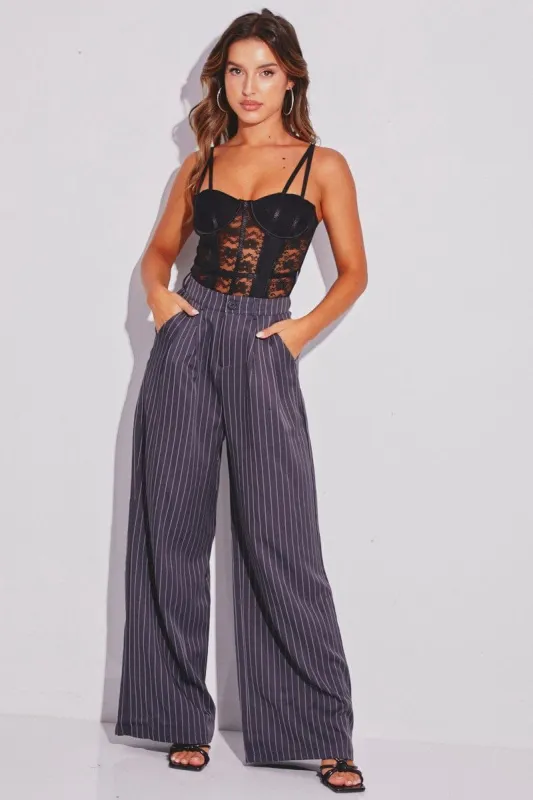 Grey Stripe Stripe Wide Leg Boyfriend Pants sold by Ally Fashion