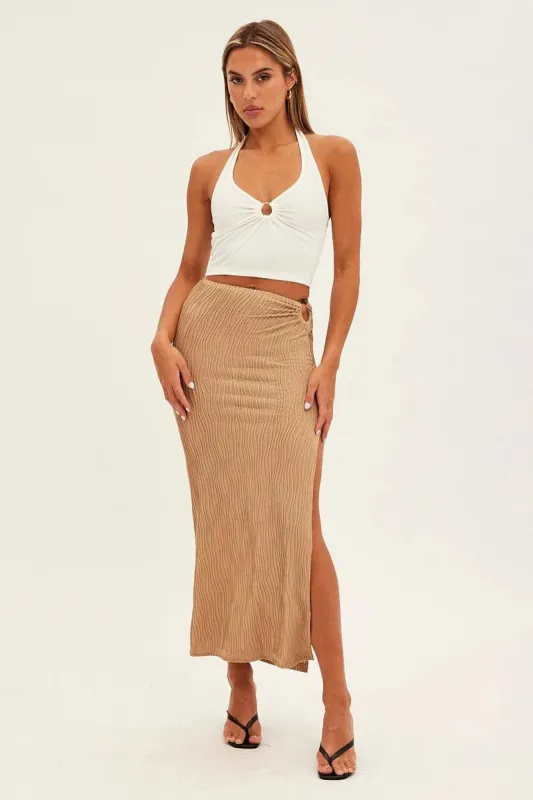 Camel Keyhole Midi Skirt sold by Ally Fashion