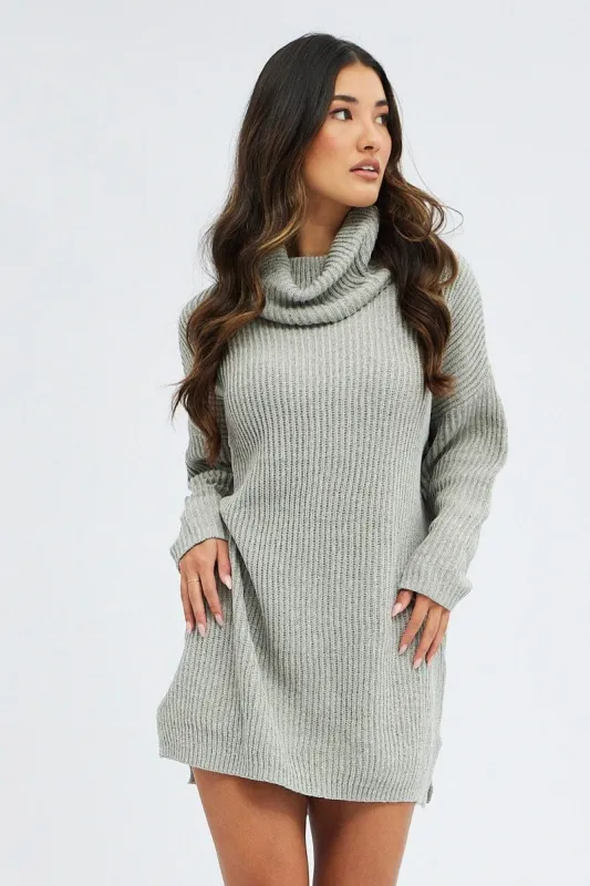 Grey Knit Dress Turtle Neck Long Sleeve Mini sold by Ally Fashion