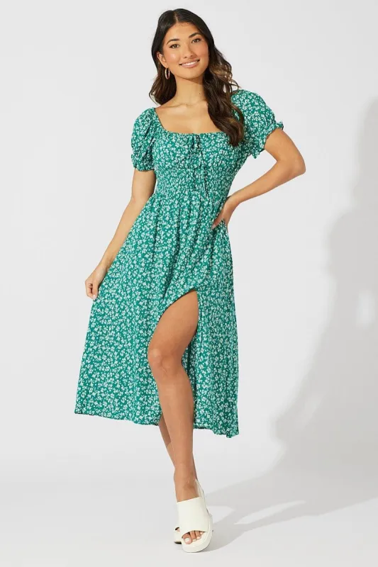 Green Ditsy Midi Dress Short Sleeve Shirred Waist sold by Ally Fashion