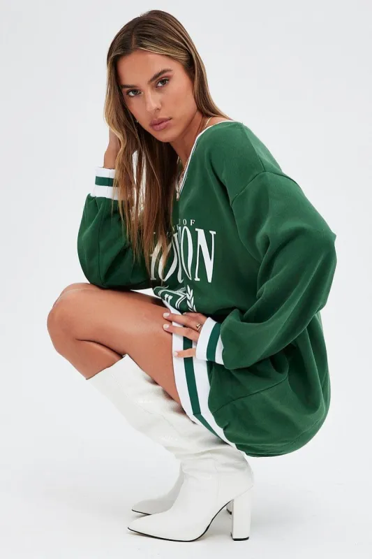 Green Print Varsity Sweater V Neck Stripe Tipping Dress sold by Ally Fashion