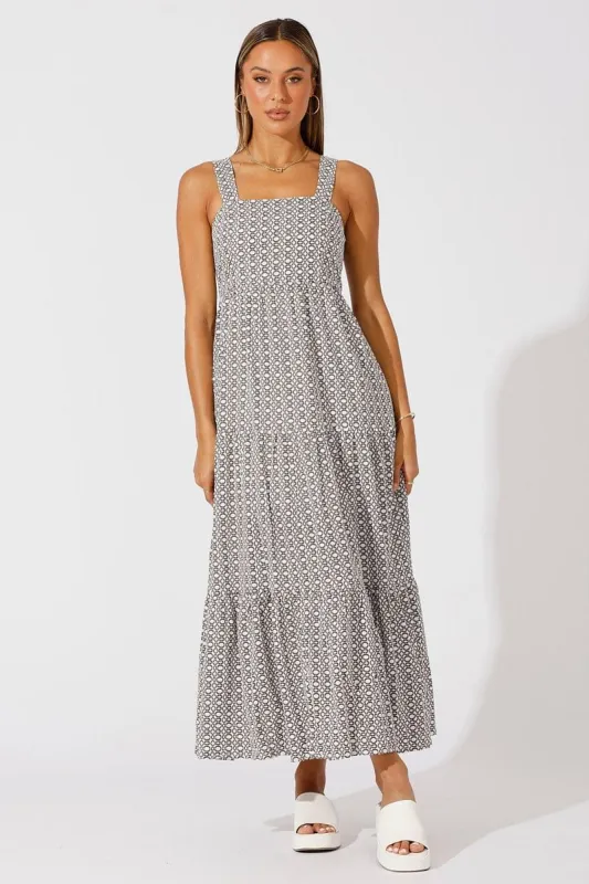 Brown Geo Maxi Dress Sleeveless Tiered sold by Ally Fashion