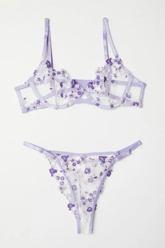 Purple Floral Embroidery Lingerie Set sold by Ally Fashion