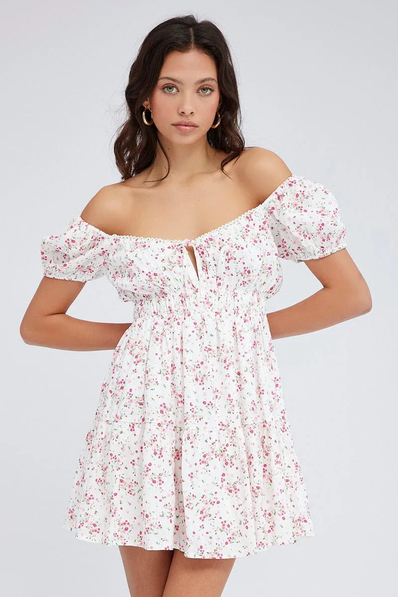 Pink Floral Fit And Flare Dress Puff Sleeve Mini sold by Ally Fashion product image thumbnail 3