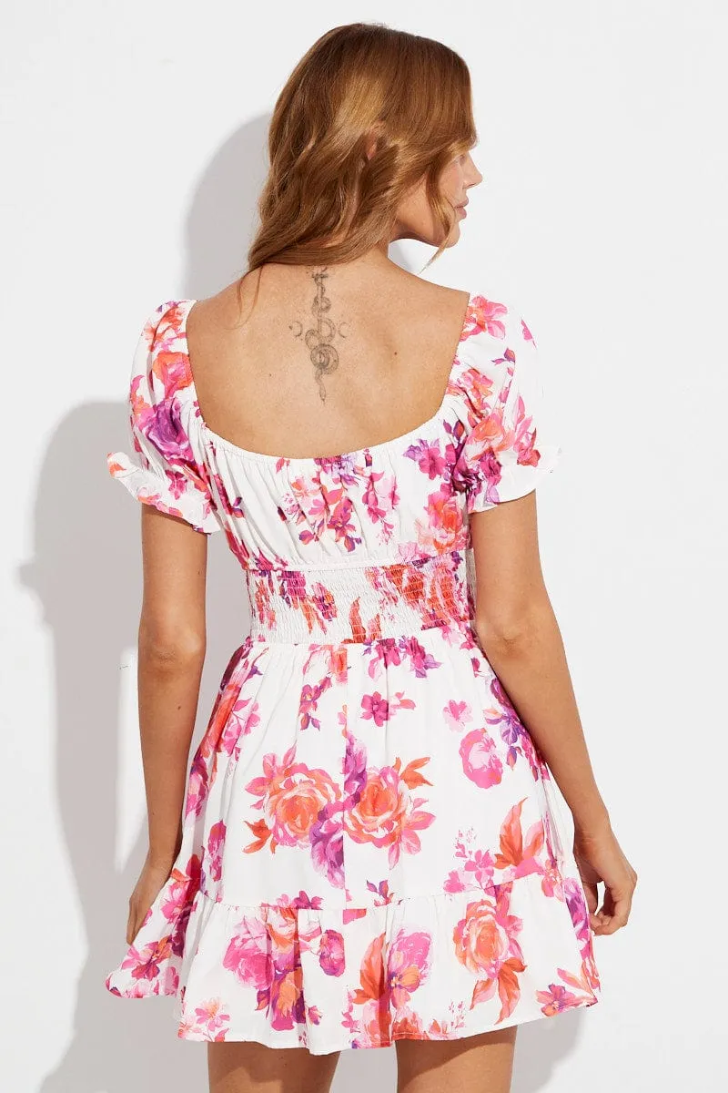 Pink Floral Skater Dress Short Sleeve Square Neck Floral Print sold by Ally Fashion product image thumbnail 5