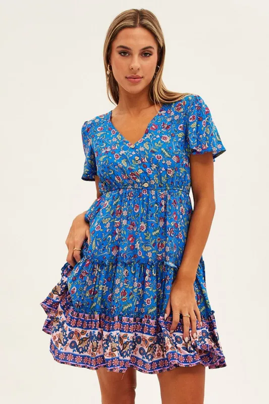 Blue Boho Fit And Flare Dress Short Sleeve Mini V-Neck sold by Ally Fashion