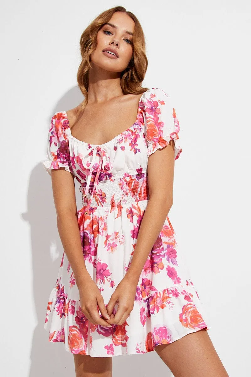 Pink Floral Skater Dress Short Sleeve Square Neck Floral Print sold by Ally Fashion product image thumbnail 3
