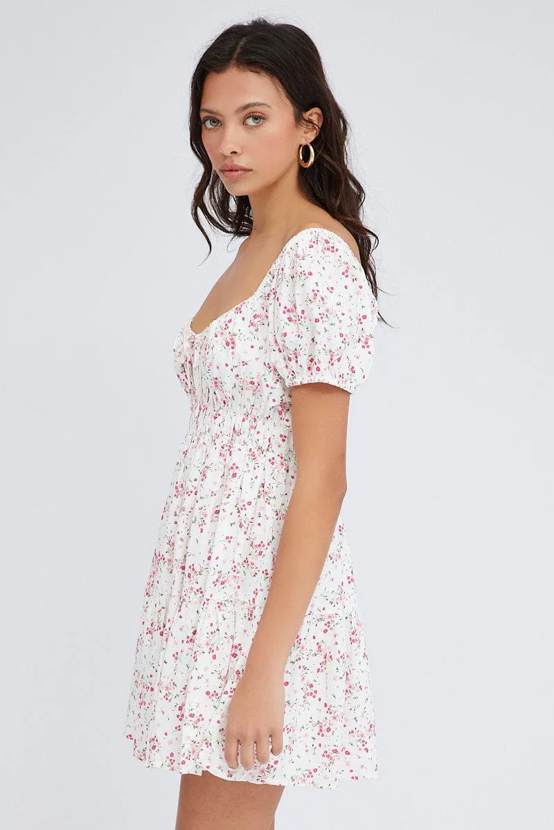 Pink Floral Fit And Flare Dress Puff Sleeve Mini sold by Ally Fashion product image thumbnail 4