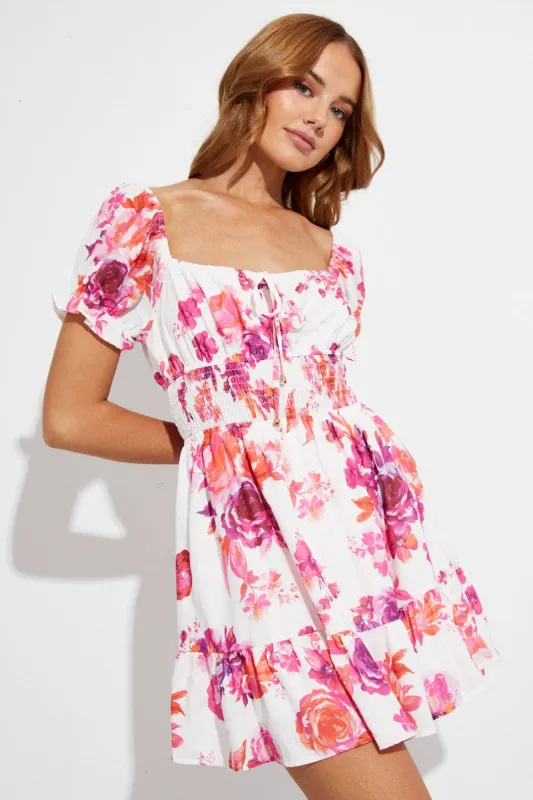 Pink Floral Skater Dress Short Sleeve Square Neck Floral Print sold by Ally Fashion