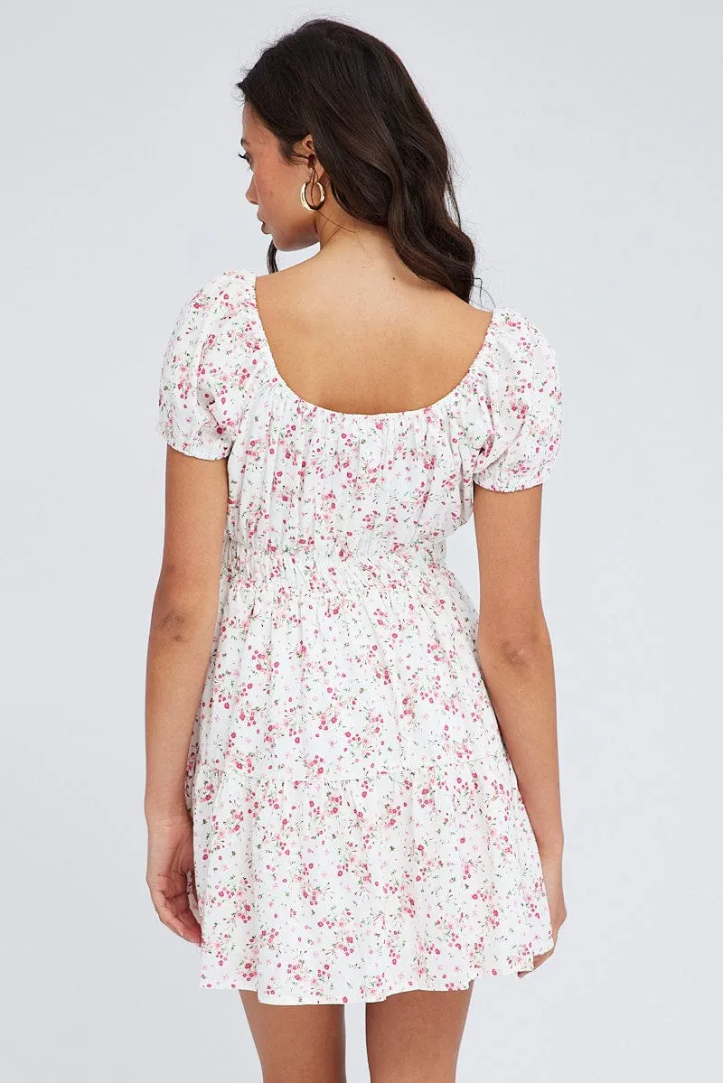 Pink Floral Fit And Flare Dress Puff Sleeve Mini sold by Ally Fashion product image thumbnail 5