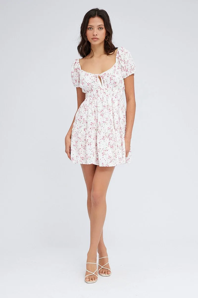 Pink Floral Fit And Flare Dress Puff Sleeve Mini sold by Ally Fashion product image thumbnail 2