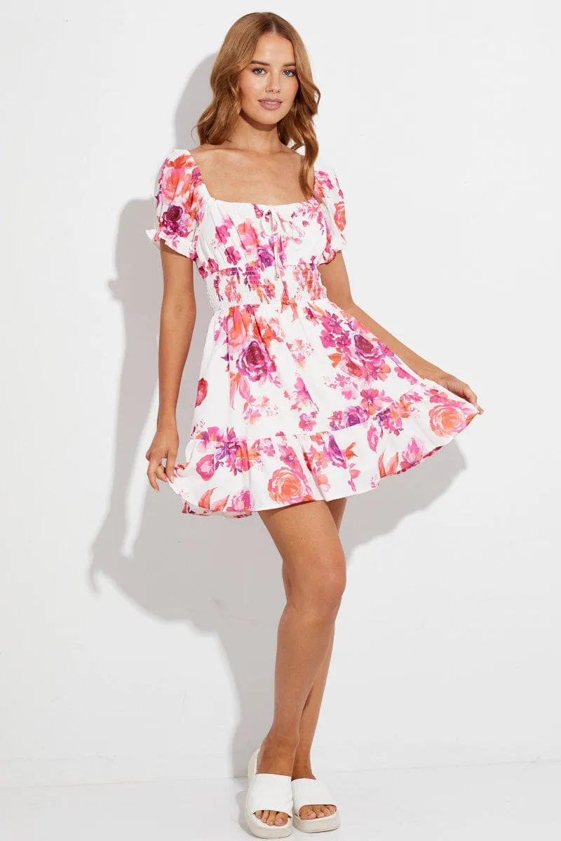 Pink Floral Skater Dress Short Sleeve Square Neck Floral Print sold by Ally Fashion product image thumbnail 2