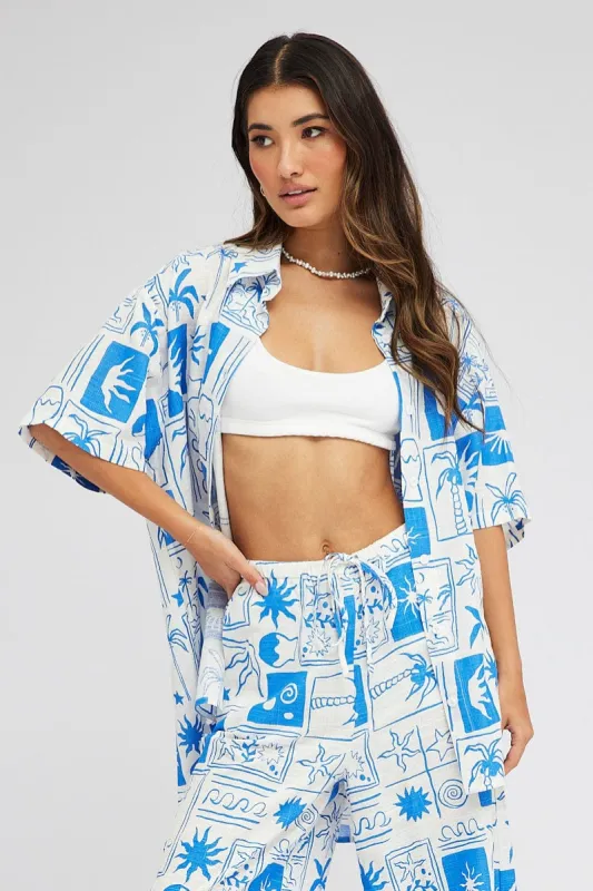 Blue Abstract Linen Shirt Short Sleeve sold by Ally Fashion
