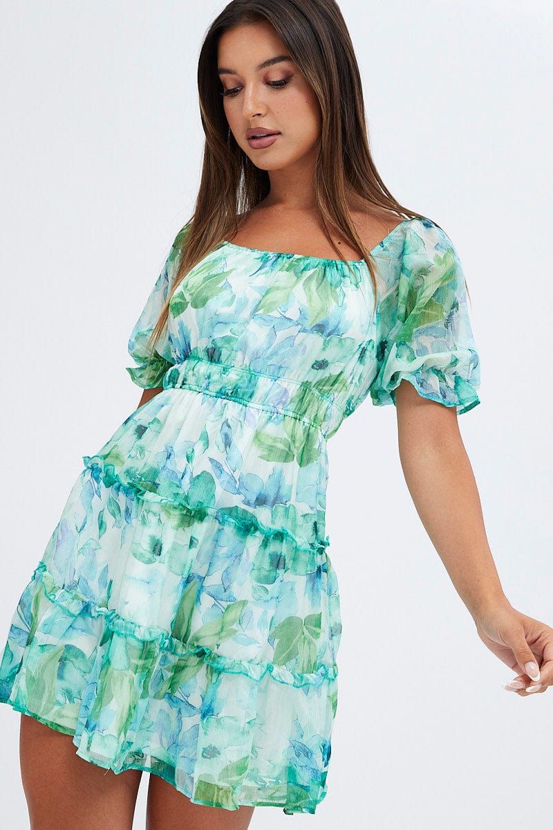 Green Floral Fit And Flare Dress Puff Sleeve Chiffon sold by Ally Fashion product image thumbnail 3