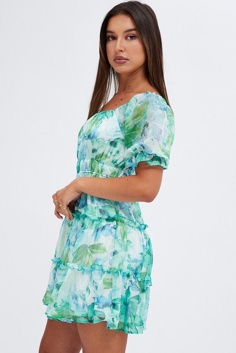 Green Floral Fit And Flare Dress Puff Sleeve Chiffon sold by Ally Fashion product image thumbnail 4
