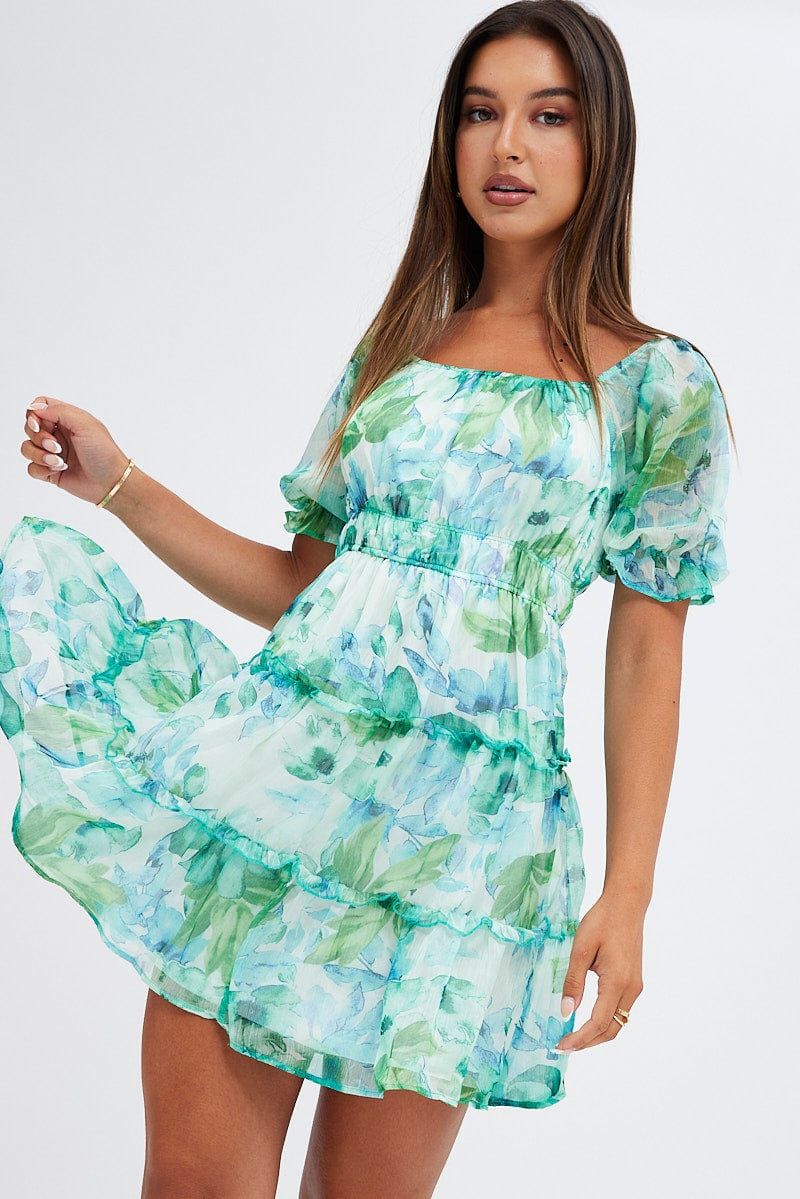 Green Floral Fit And Flare Dress Puff Sleeve Chiffon sold by Ally Fashion