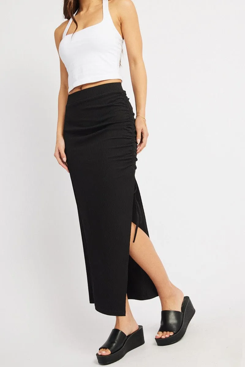 Black Midi Skirt High Rise Side Ruched Elastic Waistband sold by Ally Fashion