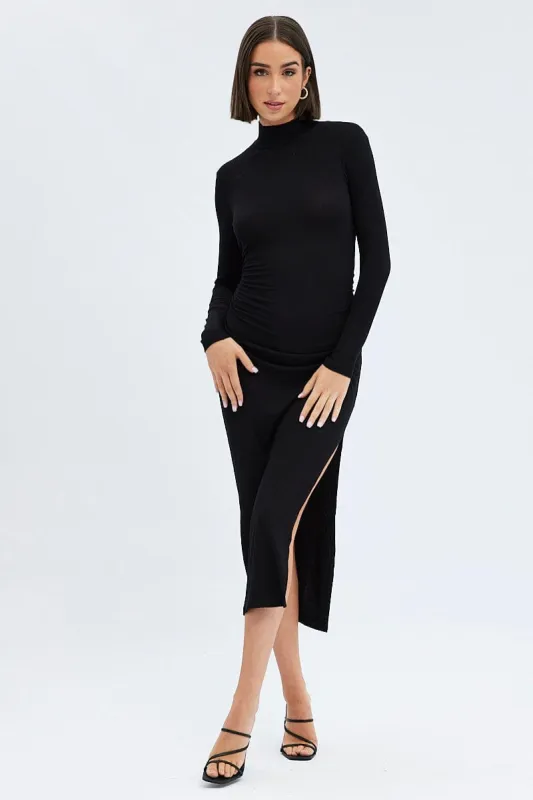 Black Midi Dress Long Sleeve High Neck Rib Jersey sold by Ally Fashion