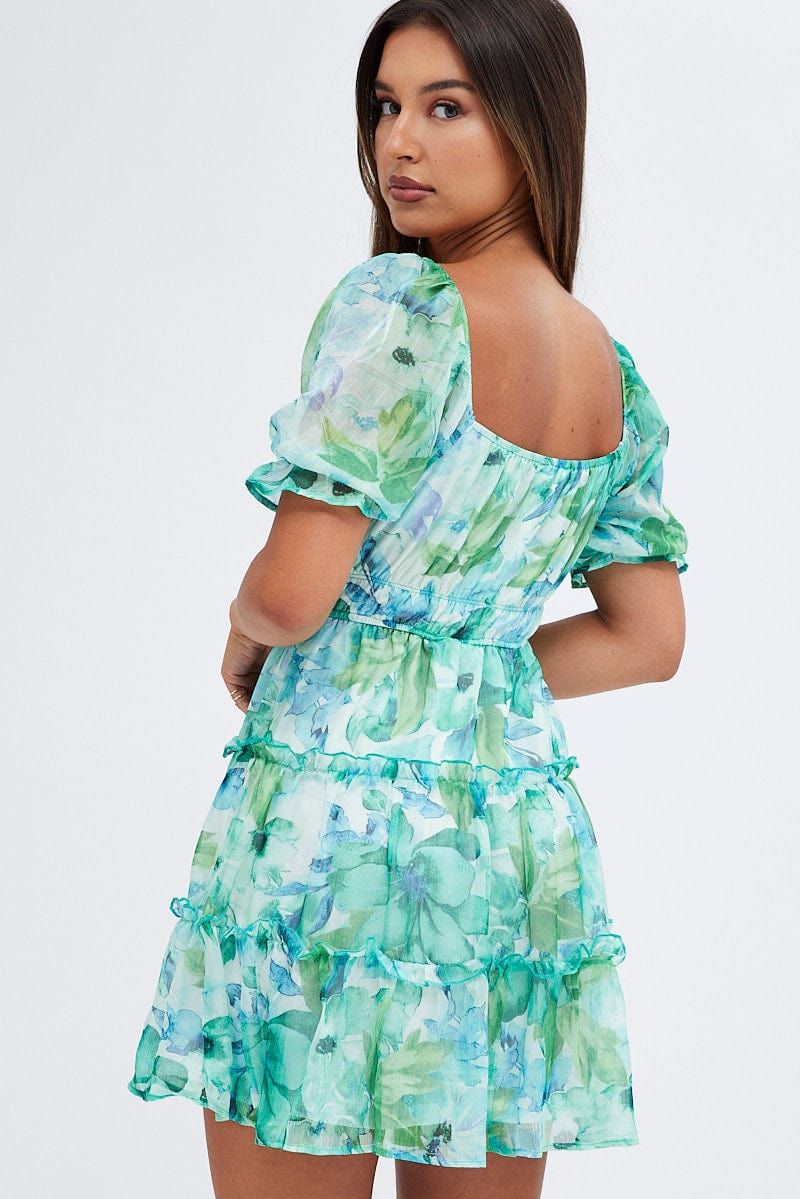 Green Floral Fit And Flare Dress Puff Sleeve Chiffon sold by Ally Fashion product image thumbnail 5